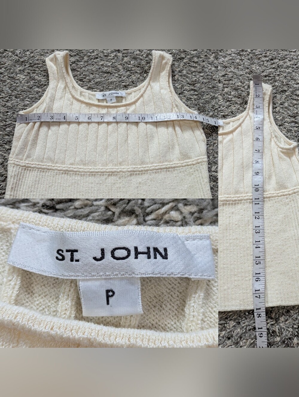 St John Cream Ribbed Semi Cropped Knit Casual Capsule Closet Tank Top S - Picture 5 of 5